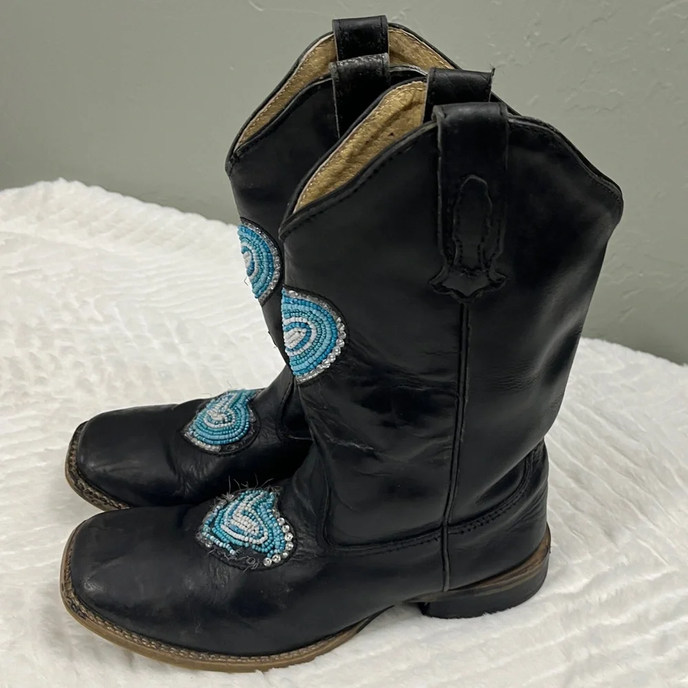 Roper Black Turquoise Kid‎ Cowgirl Boots size 3 western beads leather